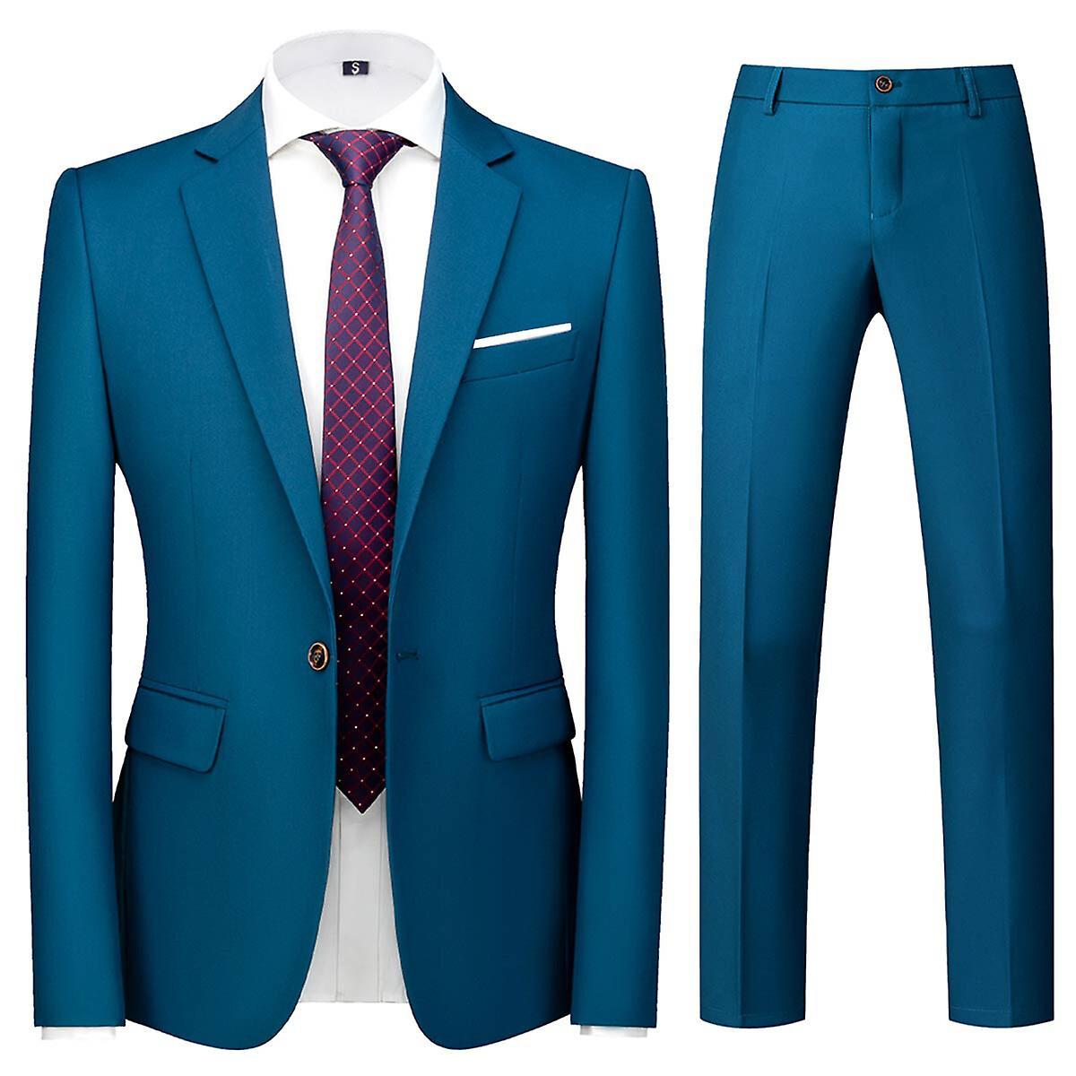 Allthemen Men's 2-Piece Slim Fit Wedding Suit One Button Tuxedo Suits Jacket Trousers Lake Blue M