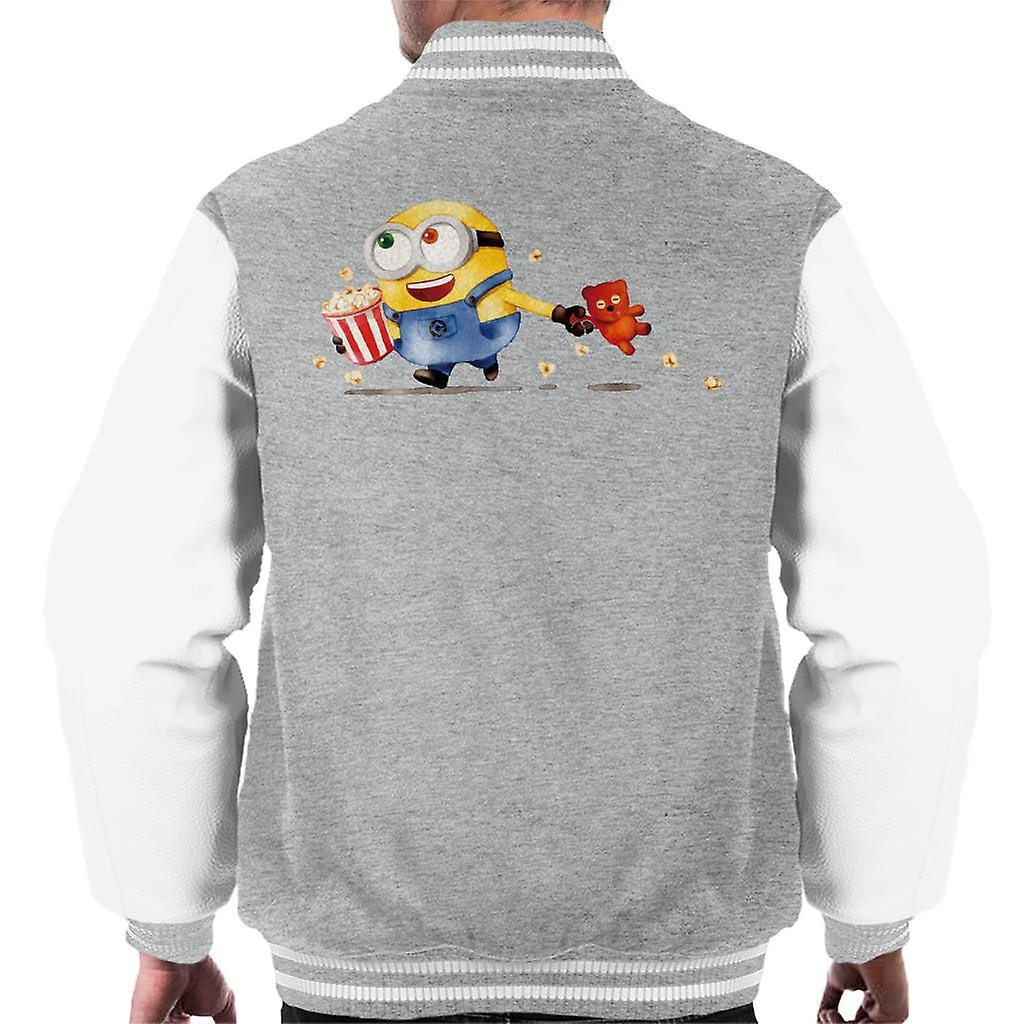 Despicable Me Bob The Minion Teddy Bear Popcorn Men's Varsity Jacket Heather Grey/White XX-Large