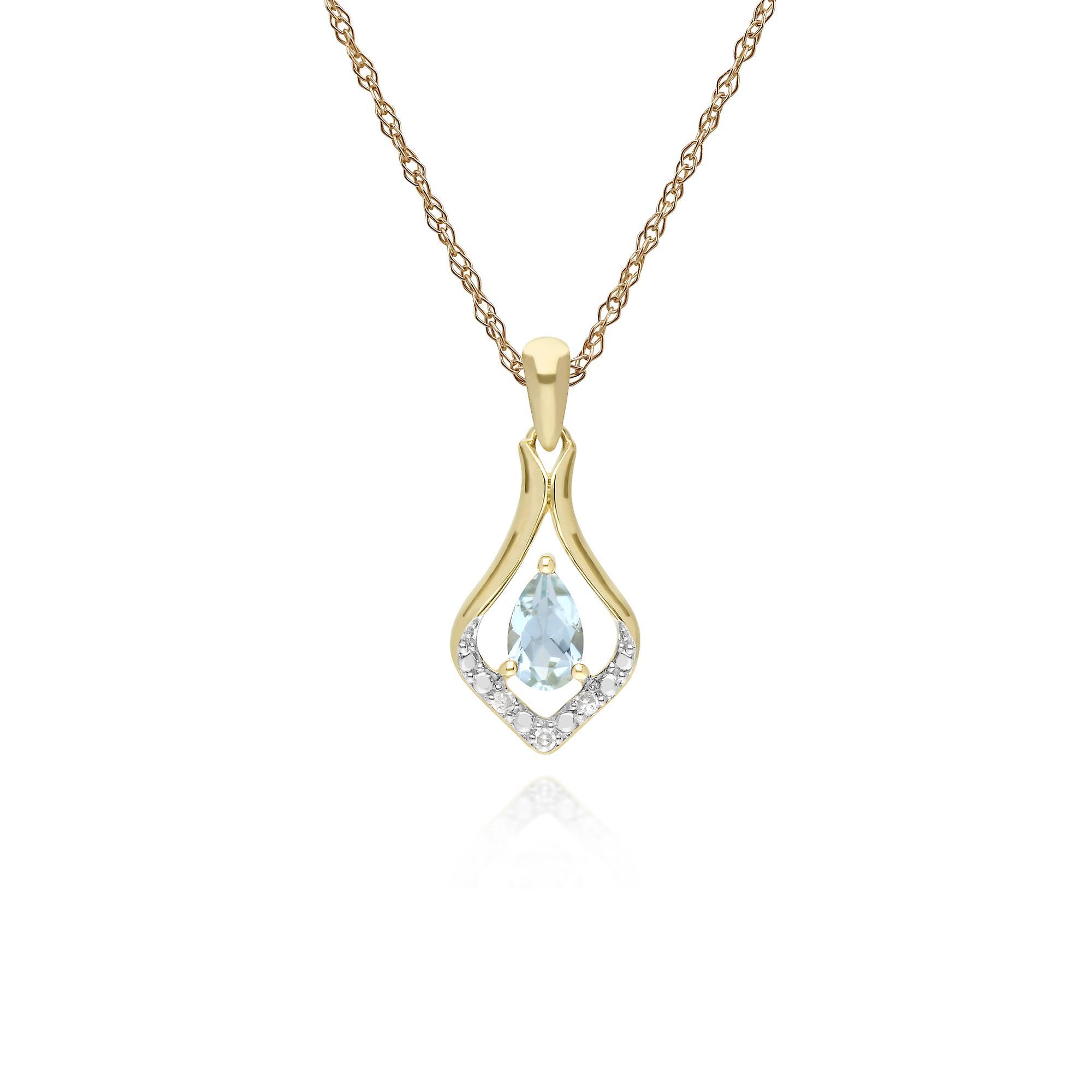 Gemondo Classic Pear Aquamarine & Three Diamond Leaf Halo Pendant Necklace in 9ct Yellow Gold 135P1915049 Blue One Size