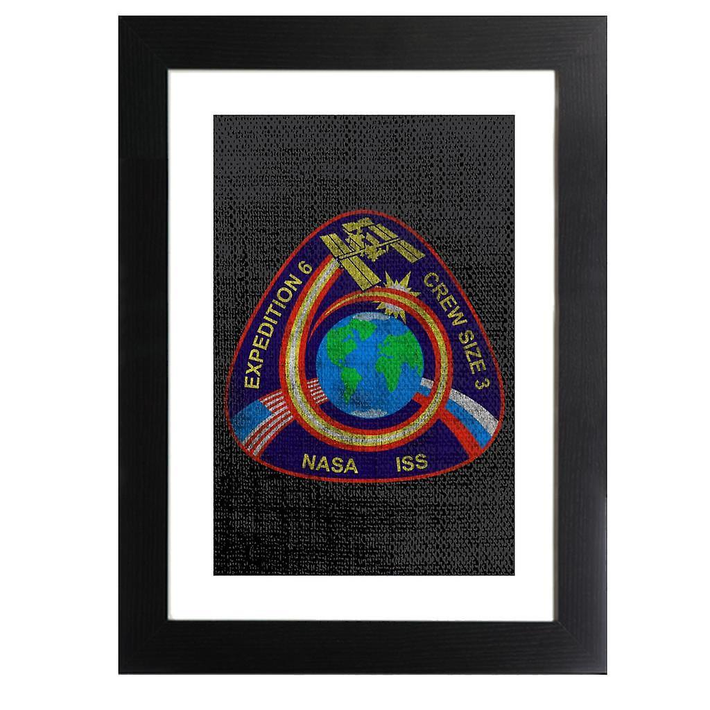 NASA ISS Expedition 6 STS 113 Mission Badge Distressed Framed Print Black 39 x 52 cm