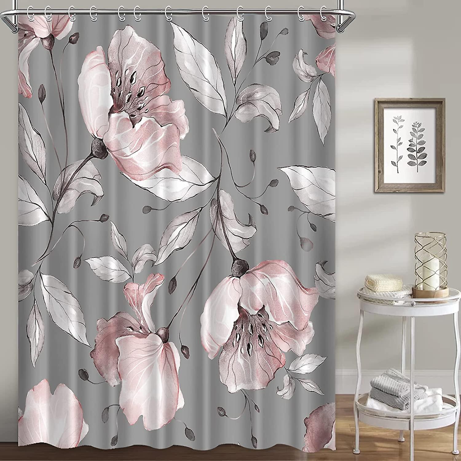 Hrhmv Floral Shower Curtains For Bathroom, Pink Grey Rose Flowers Shower Curtain Set Blue Background Fabric Waterproof Washable