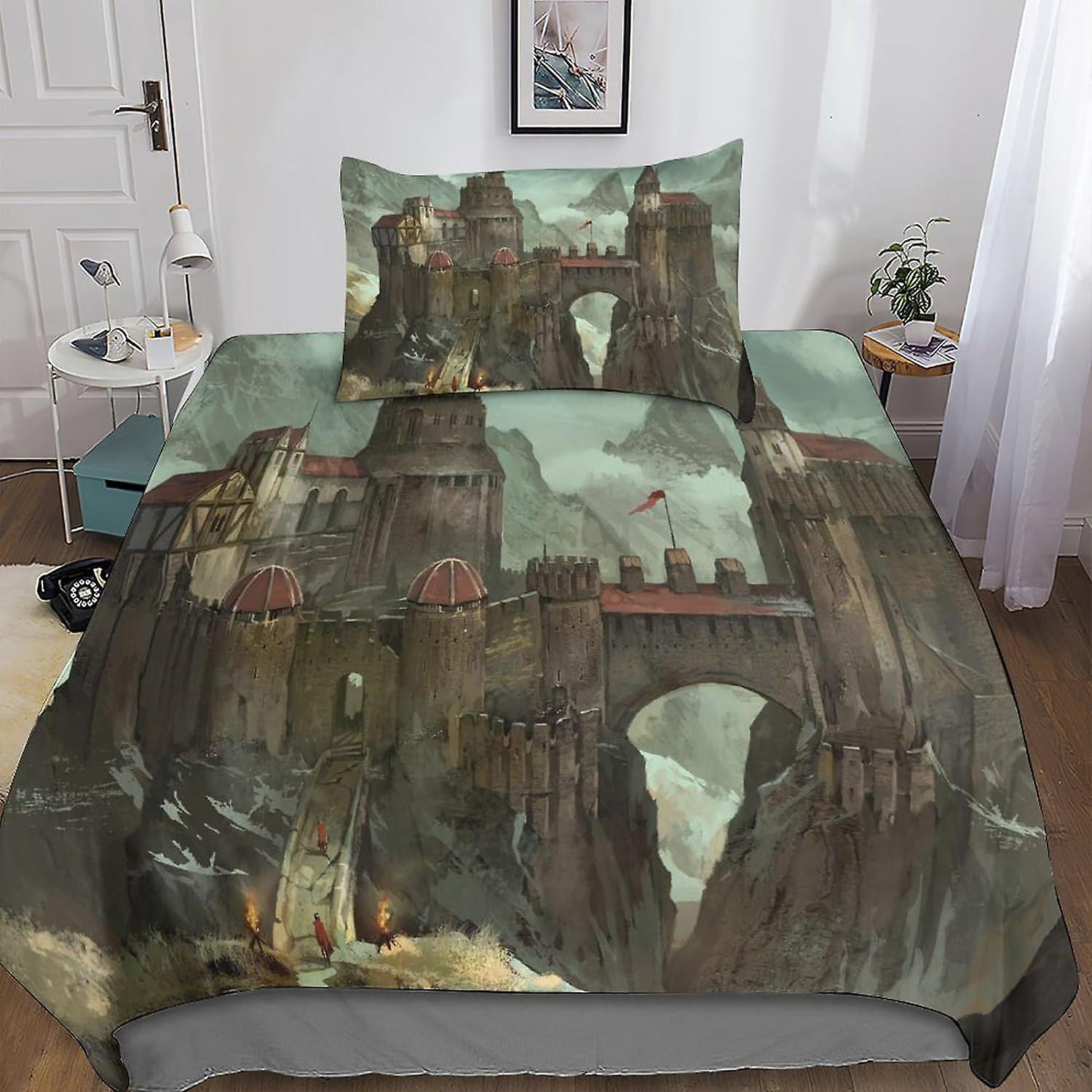 Kerota Medieval Castle Microfiber Bedding Set Pieces, Duvet Cover with Pillowcase Zipper Closure, Bedding Set for Adults and Children Fortress Prin...