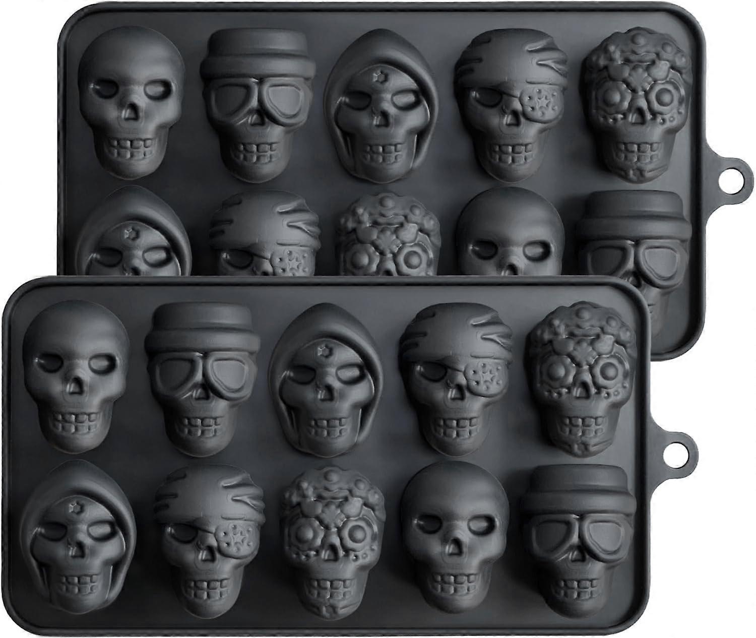 Heyone 10 Cavity Skull Chocolate Molds Silicone Skull Candy Mold for Jelly Crayon Resin, Pack of 2