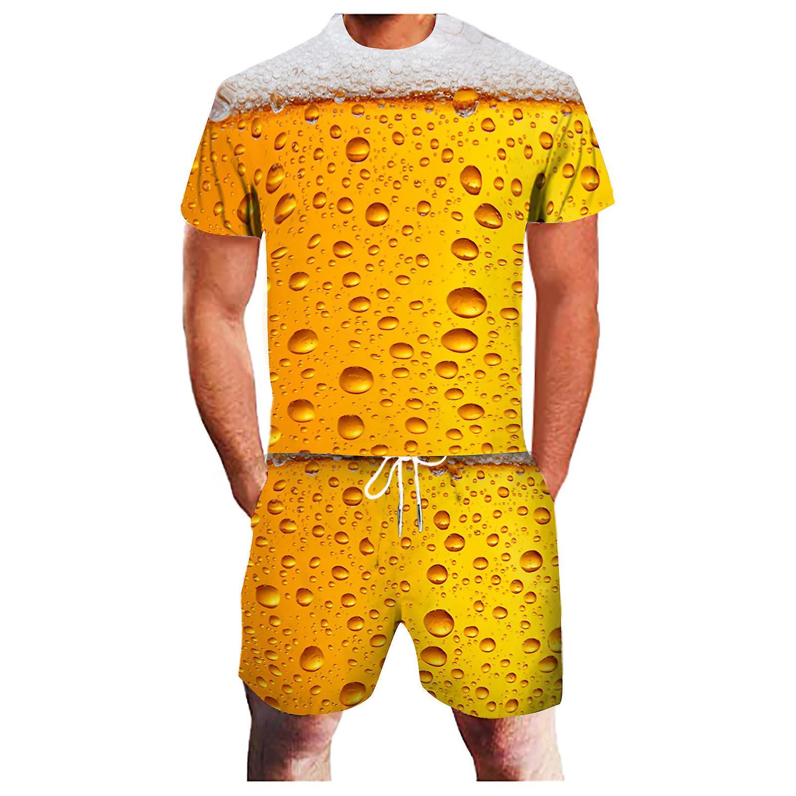 Hxetlv Jogging Men's Clothing Summer Men's Sets Leisure Sports 3d Beer Plus Size Fitness Running Two-piece Suit Jogging Hombre Ropa XXL Yellow