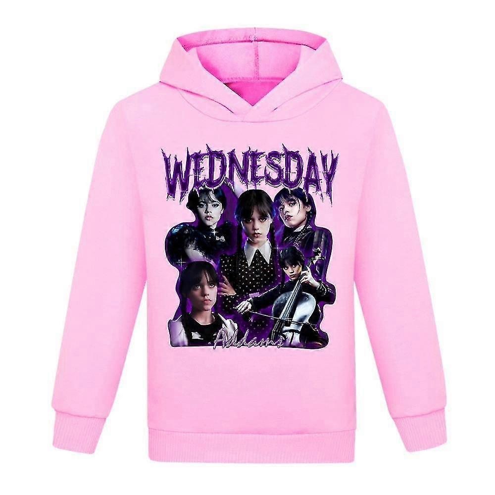 Unbrand Wednesday Addams Printed Long Sleeve Hoodies Kids Boys Girls Casual Hooded Sweatshirt Pullover Jumper Tops Pink 9-10 Years