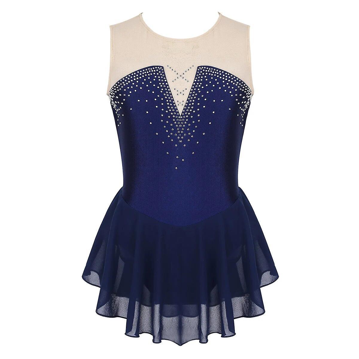 Aionyaaa Kids Shiny Rhinestones Mesh Ballet Gymnastics Leotard Dress Dance Wear For Girls Childs Figure Skating Dress Dancing Costume 12 Navy Blue