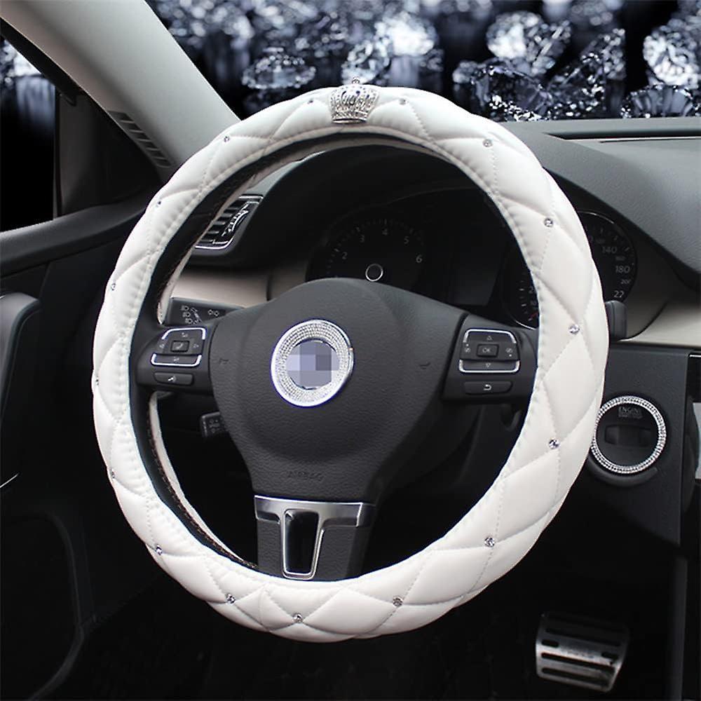 Heyone Bling Crown Leather Steering Wheel Cover Women Crystal Rhinestones Diamond Steering Covers 15inch Non Slip Car Protector Accessory (white)