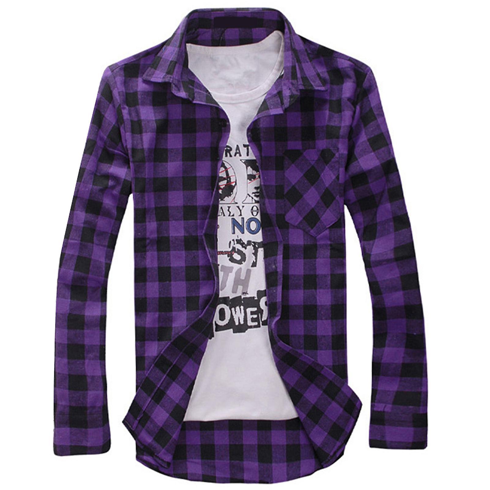 Fianao Men Casual Slim Fit Plaid Print Button-Down Long Sleeve Turn Down Collar Shirt Top Purple L