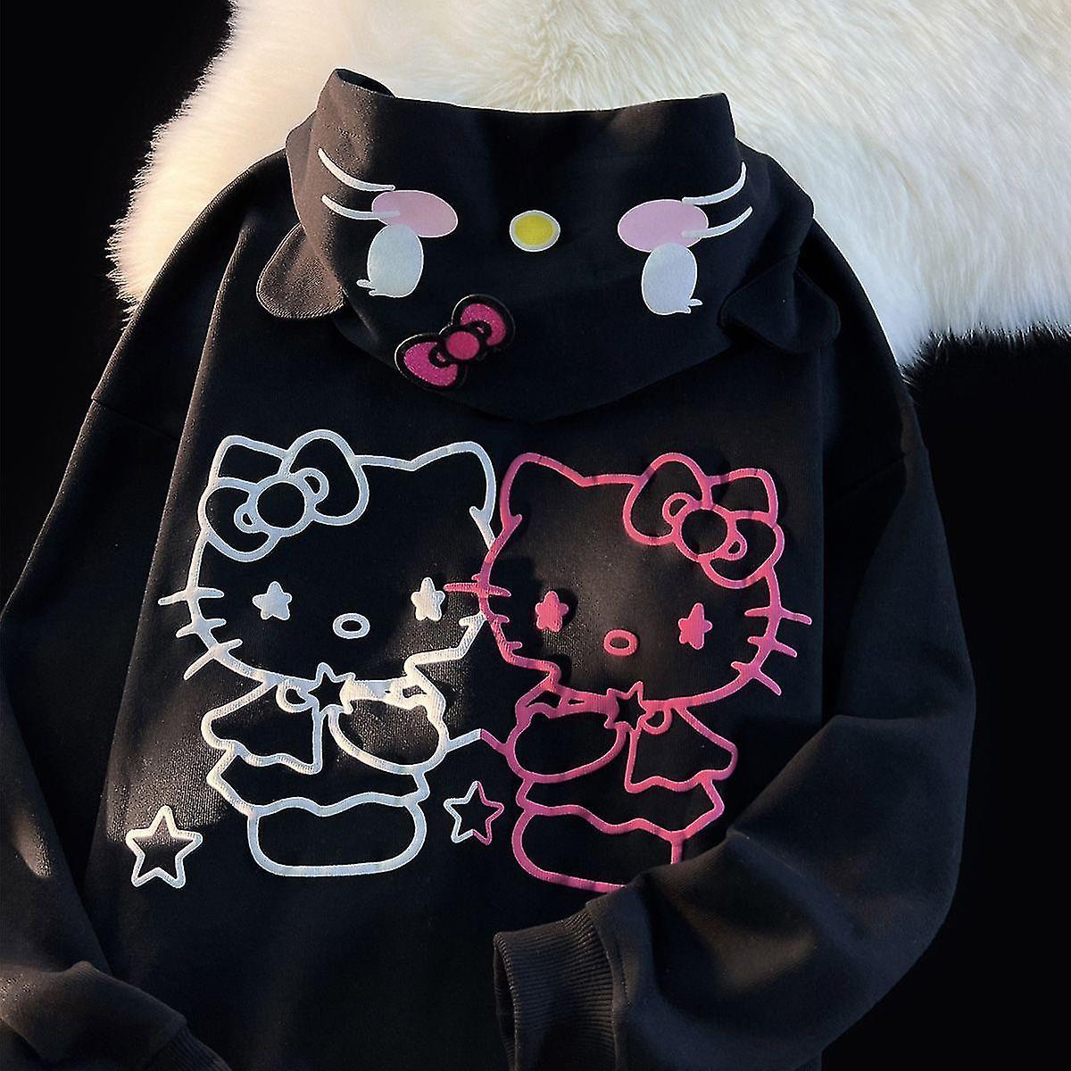 Meet Sanrio Kawaii Hello Kitty New Cute Cartoon Hooded Sweater Women's Autumn Winter Loose Student Cardigan Jacket Birthday Gift black M