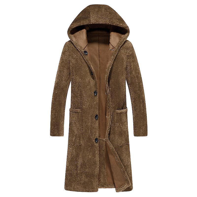 Ebox Men's Double-sided Wearable Shearling Hooded Mid-length Faux Fur Woolen Coat Camel Xl