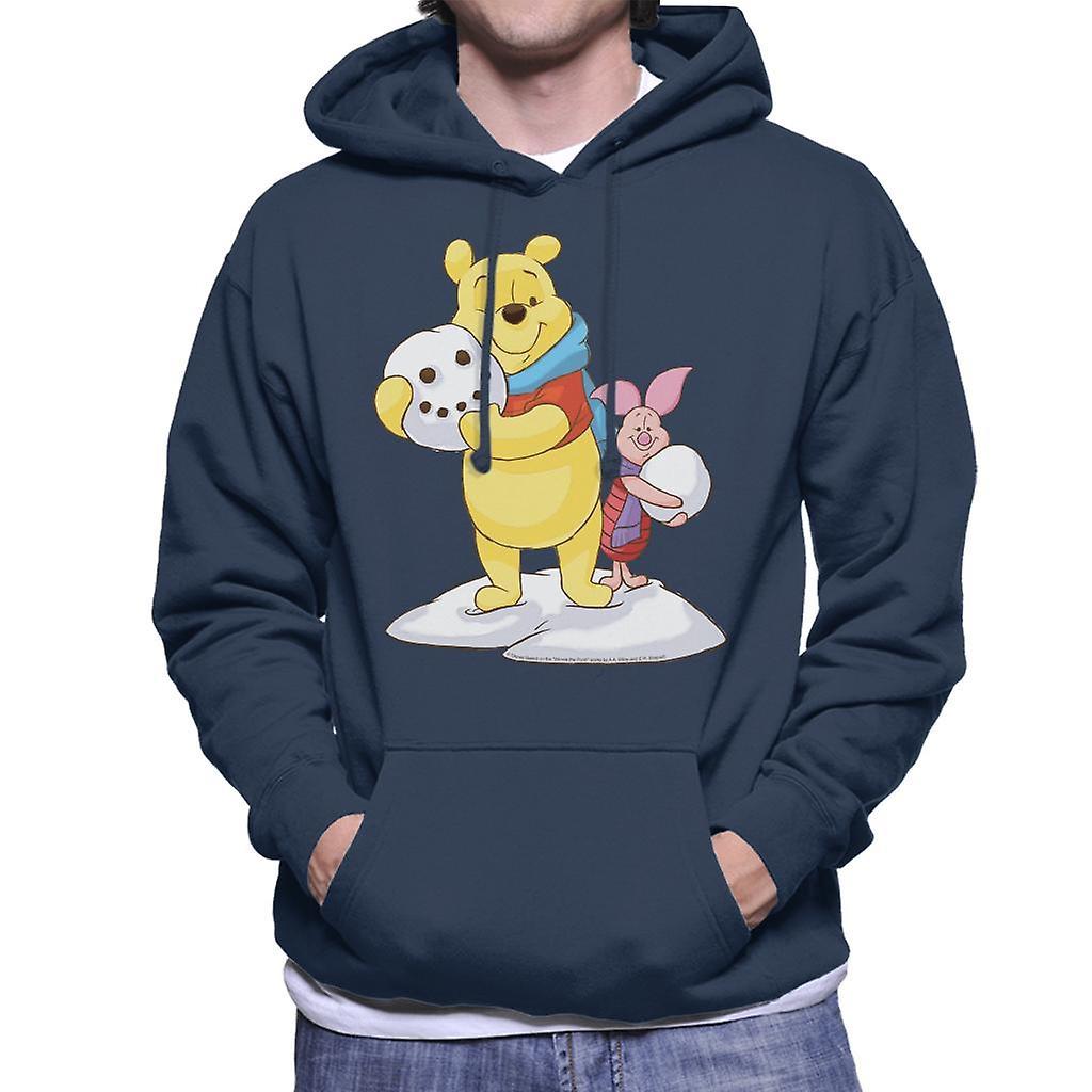 Disney Christmas Winnie The Pooh And Piglet Building Snowman Men's Hooded Sweatshirt Navy Blue Small