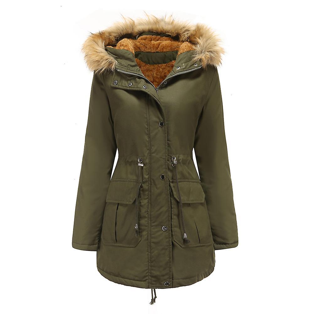 Yunclos Women's Winter Cotton Warm Outdoor Windproof  Faux Fur Hood Coat Army Green XL