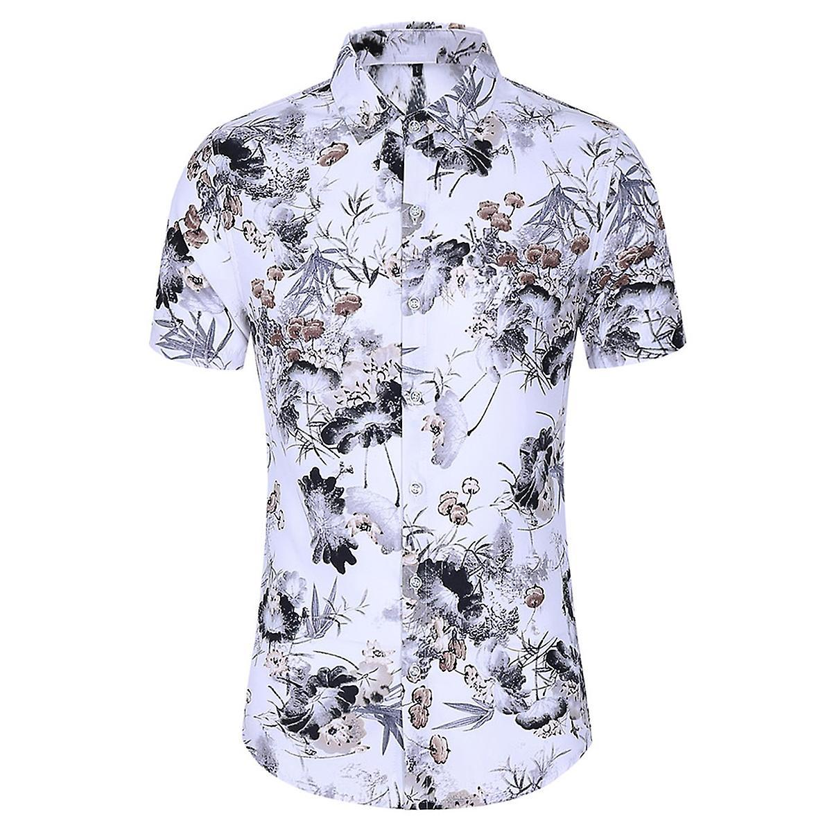 Allthemen Mens Printed Hawaiian Summer Beach Shirt White L