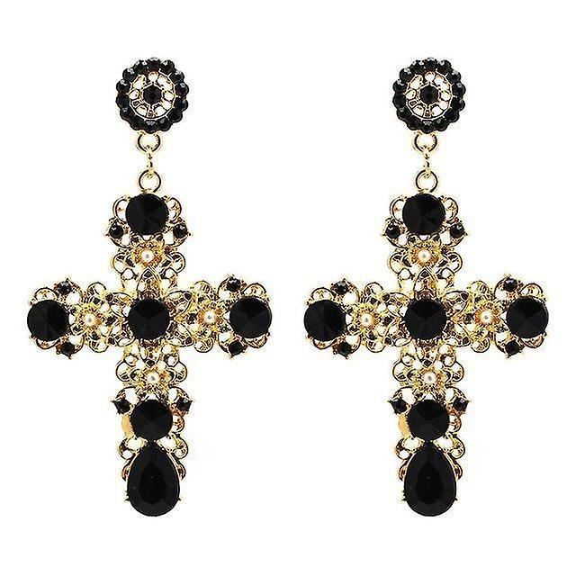 Xinanduo Vintage Boho Crystal Cross Drop Earrings For Women Baroque Bohemian Large Long Jewelry Black