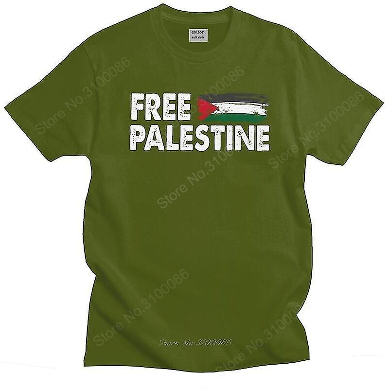 Exsha Palestine Flag Arabic T Shirt Men Pure Cotton Tshirt Casual Tee Tops Short Sleeved Palestinian Flag Patriotic T-shirt Army Green L