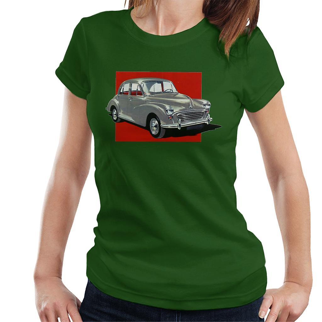 Morris Minor Red Background British Motor Heritage Women's T-Shirt Bottle Green Medium