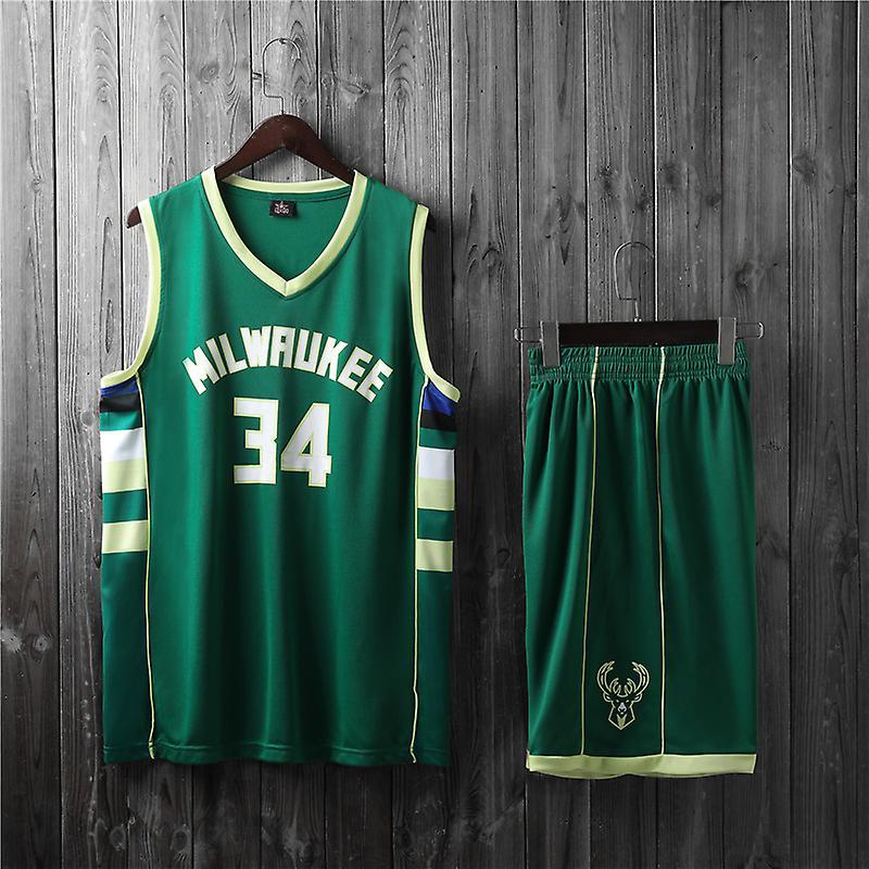 Jntworld Dark Green Milwaukee 34 Basketball Jersey Suit Men's Boys Training Jersey Suit Dark Green MILWAUKEE NO.34 L (160-165CM)