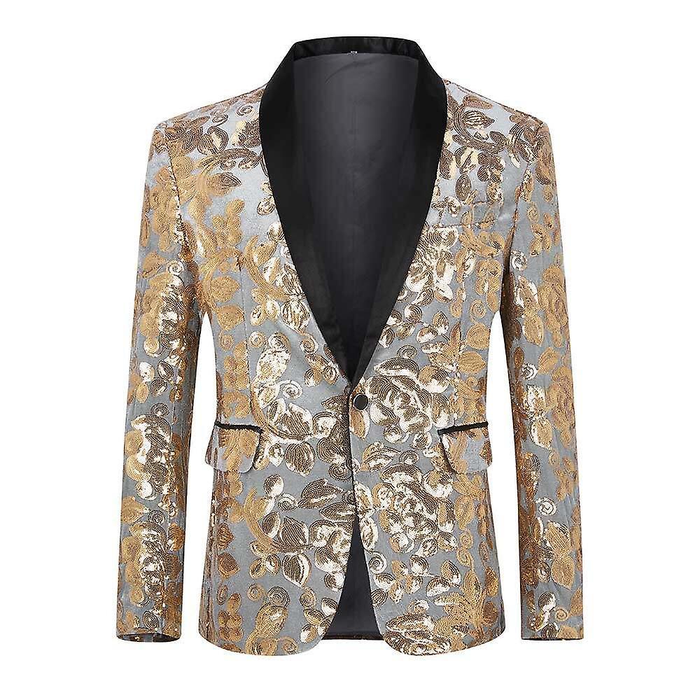 Allthemen Mens Sequins Wedding Banquet Shawl Collar Suit Jacket Grey/Gold 2XL