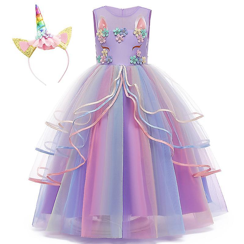 Darmowade Girls Unicorn Princess Dress Long Maxi Tulle Tutu With Headband Carnival Cosplay Dress Up, Purple 120cm