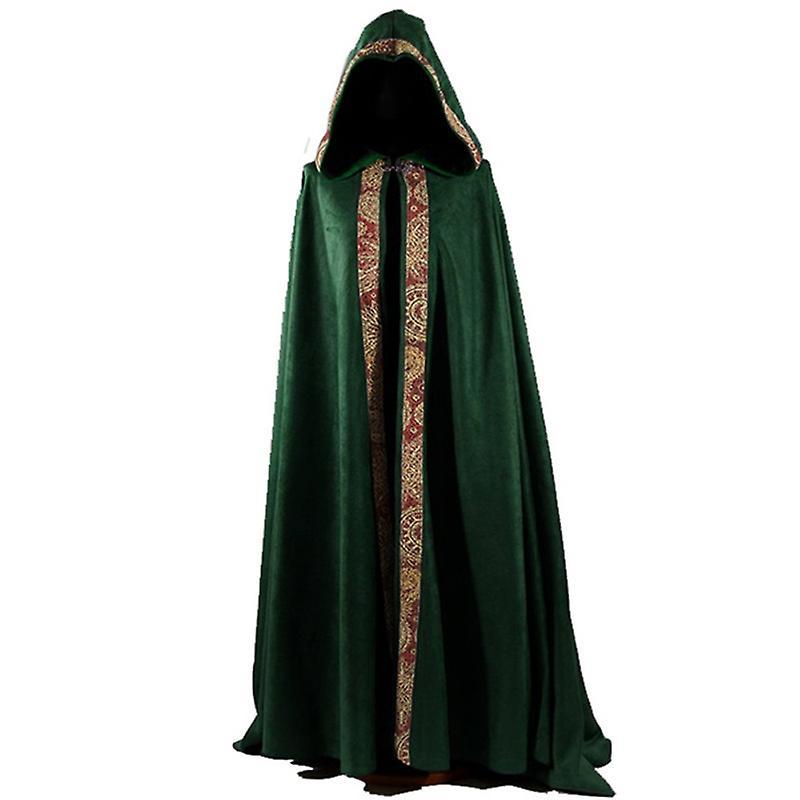 Roobeki Medieval Women Men Vintage Gothic Hooded Cloak Coat Halloween Vampire Devil Wizard Cape Viking Robe Gown Party Cosplay Costume Green 4XL