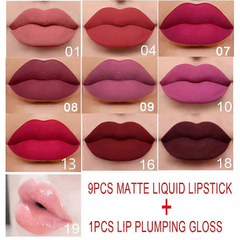 unbrand 9pcs Matte Lip Glaze with 1 Lip Plumping Gloss Non-Stick Cup Lip Stick Cosmetic for Party Travel Daily 02