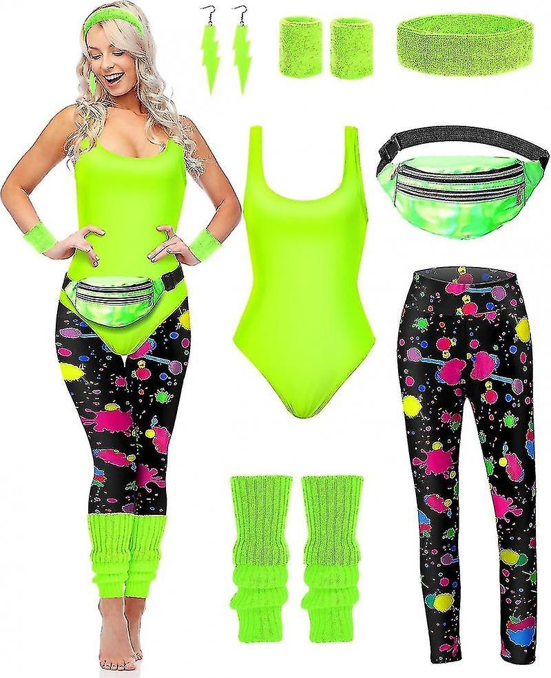 Newway 7 Pcs 80s Workout Costume 80s Accessories Set 80s 90s Leotard Legging Headband Wristbands Leg Warmers Earrings Fanny Pack_Newway Gifts Brigh...