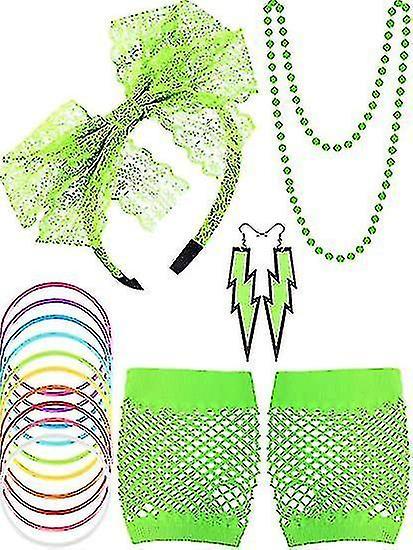 Yuntianzun 80s Lace Headband Earrings Fishnet Gloves Necklace Bracelet For 80s Party Fluorescent Green