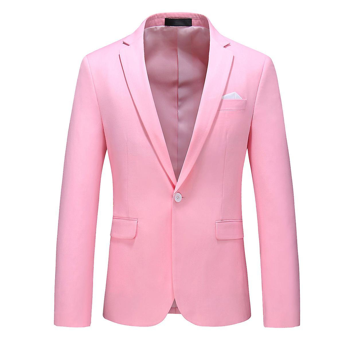 Yynuda Mens Business Solid Color One Button Notched Lapel Suit Jacket 10 Colors Pink L