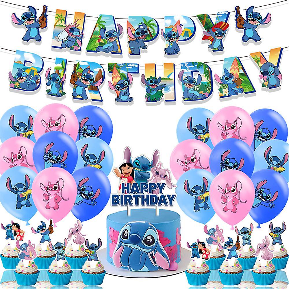 Mylight Stitch & Lilo Pink Blue Themed Birthday Party Decor Balloons Cake Topper Banners