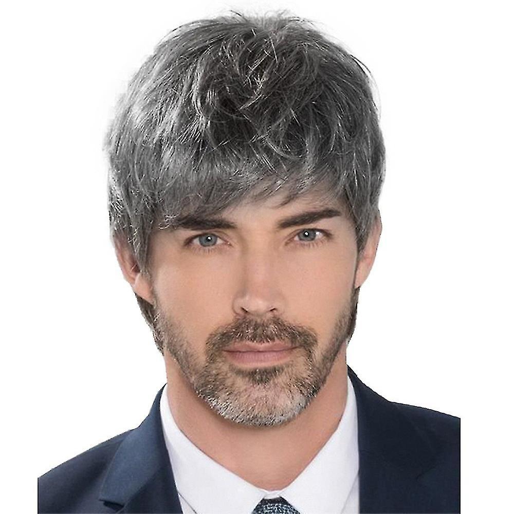 Hcankcan Mens Grey Wigs Short Layered Synthetic Wigs Cosplay Party Fashion Wigs