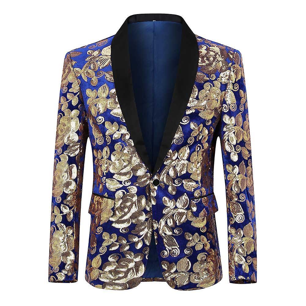 Allthemen Mens Sequins Wedding Banquet Shawl Collar Suit Jacket Blue/Gold L