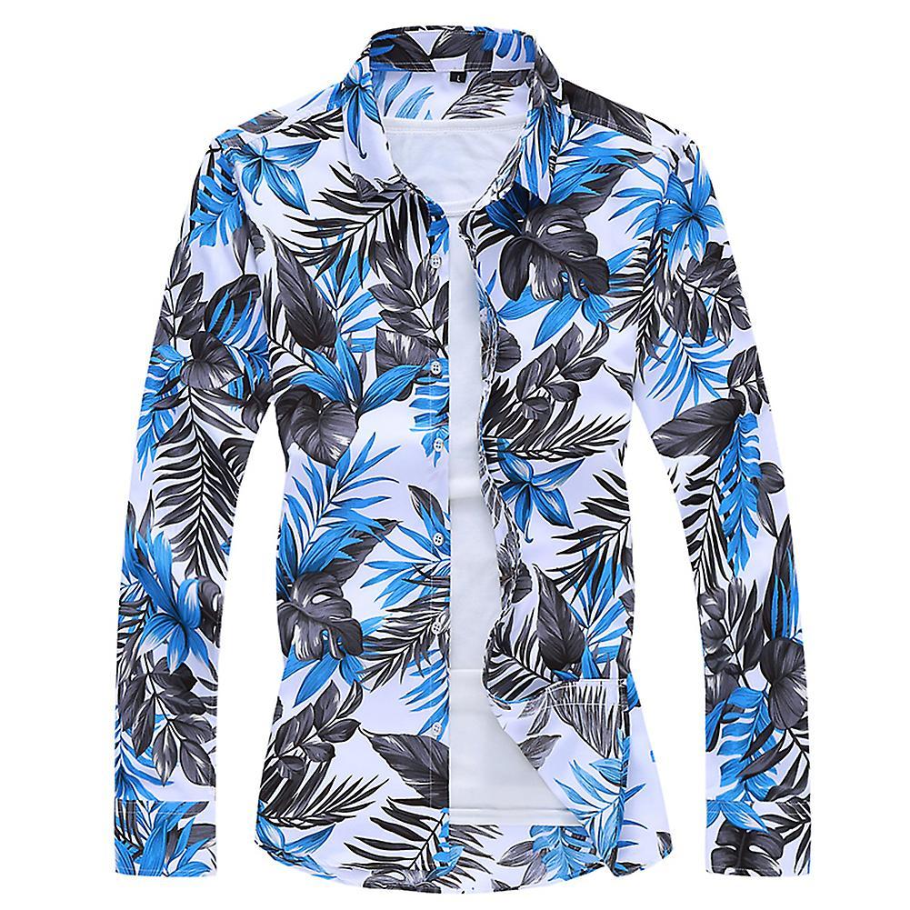 Allthemen Mens Casual Hawaii Beach Floral Lapel Long-Sleeve Shirt Blue/Black/White 4XL