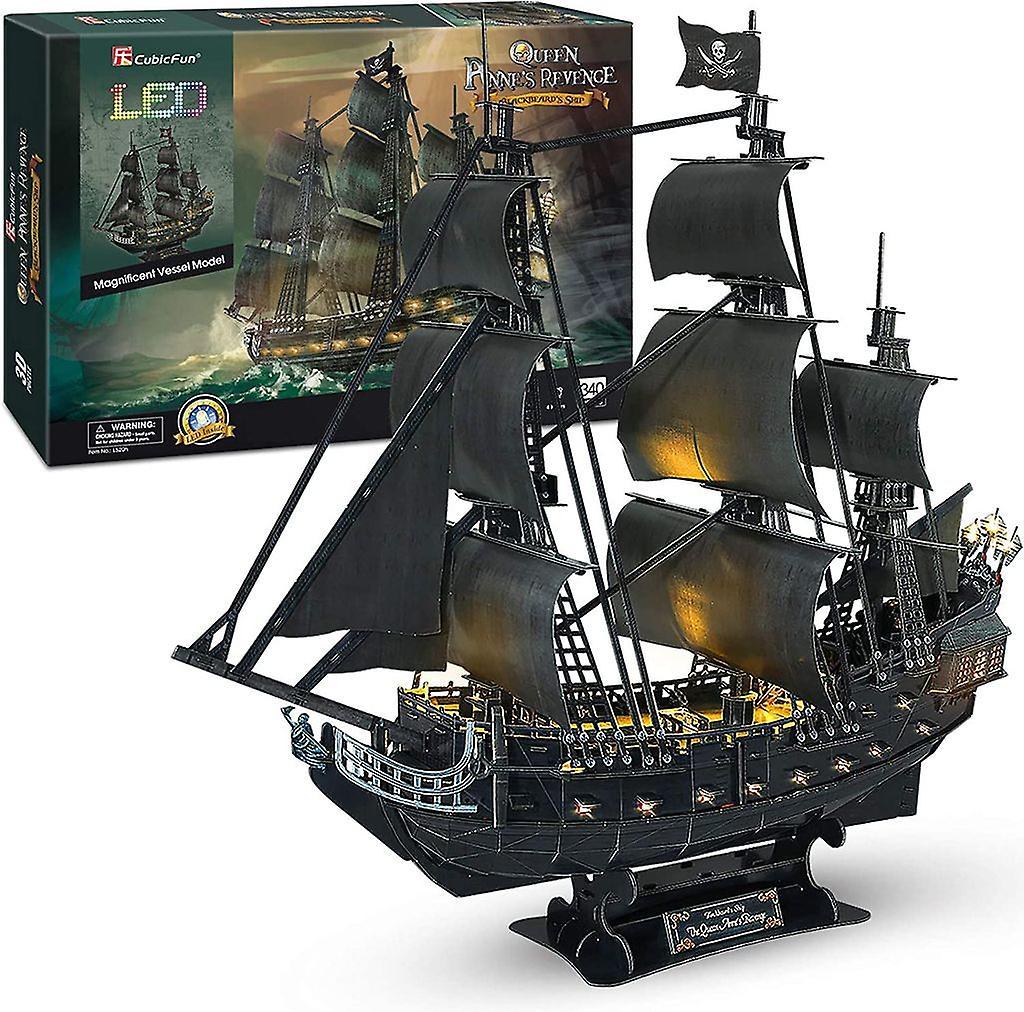 Nbxxl 3d Puzzle Led 68cm Black Pearl - Queen Anne's Revenge Large Model Ship, Birthday Gift For Adults, 340 Pieces (1:95led Queen Anne's Revenge)