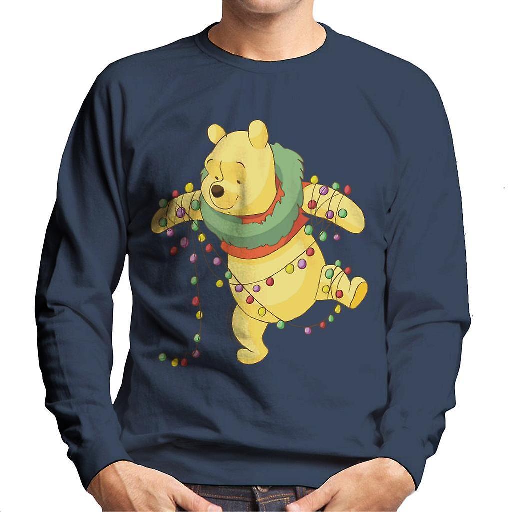 Disney Christmas Winnie The Pooh Tangled In Festive Lights Men's Sweatshirt Navy Blue X-Large