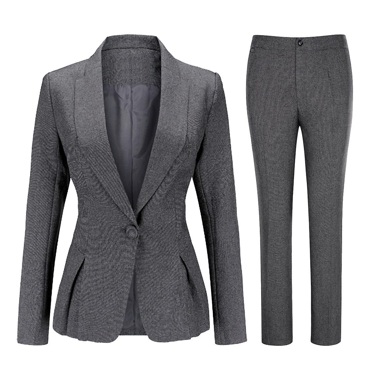 Allthemen Womens 2-Piece Formal Office Lady Tunic Lapel Solid Color Slim Blazer and Pants Gray M