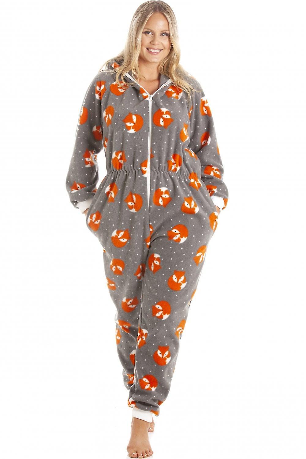 Women's Camille Womens Fox Print Soft Fleece Onesies Grey 10-12