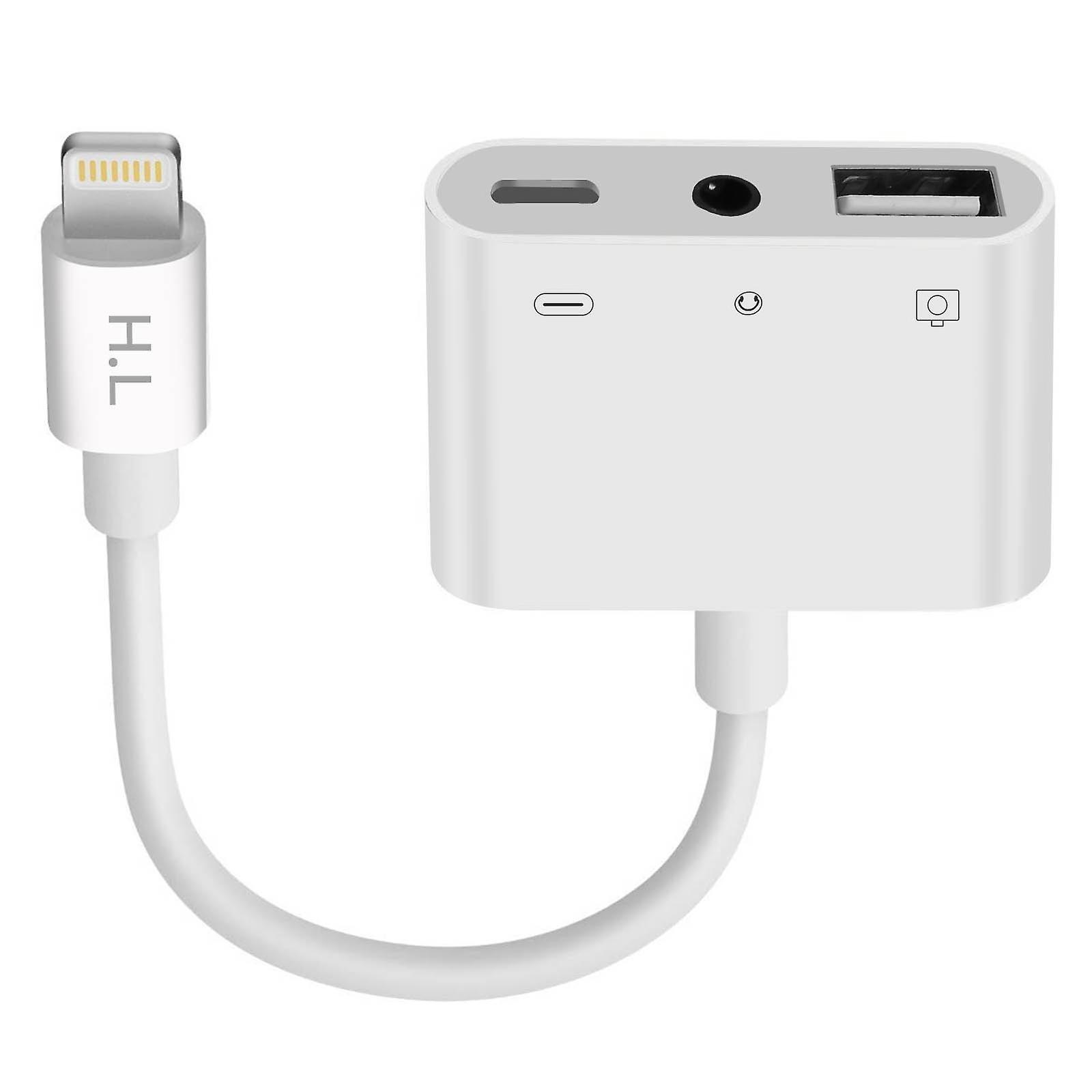 Avizar Lightning Charge Adapter for IPhone/iPad Lightning to USB and 3.5mm Jack - White