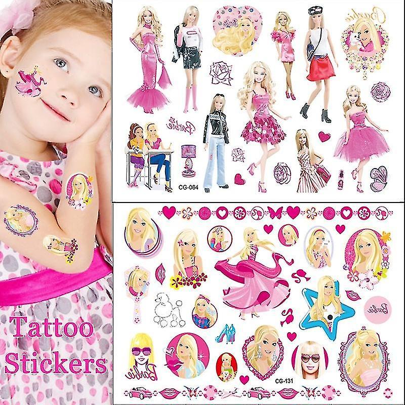 DUqi Kawaii Barbiee Tattoo Stickers Cartoon Water Transfer Temporary Stickers Cute Anime Hand Paste Paper Sticker Kids Birthday Gift 2pcs