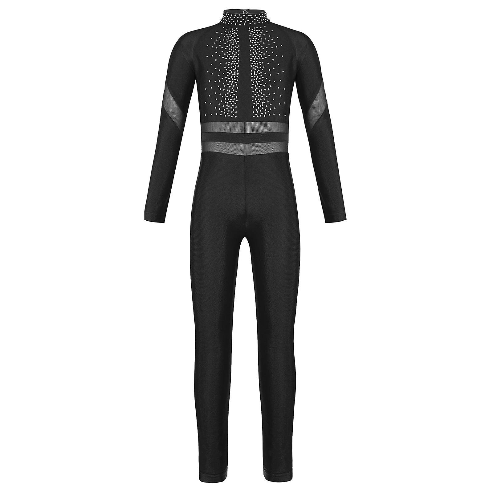 Aionyaaa Kids Girl Shiny Full Body Gymnastics Jumpsuit Turtleneck Long Sleeve Ballet Dance Leotard Unitard Figure Ice Skating Bodysuits 14 Black