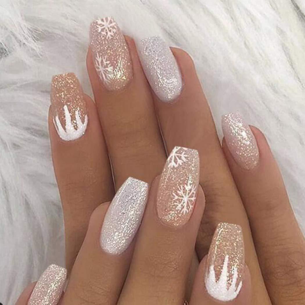 unbrand Press On Nails White Snowflake Coffin Fake Nails Christmas False Nails Full Cover Acrylic Nails For