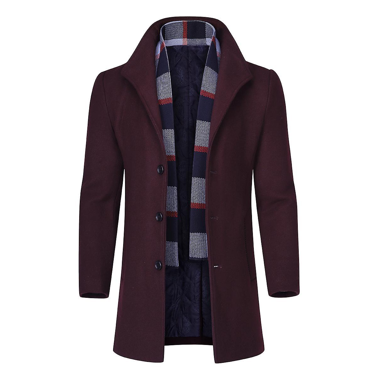 Allthemen Mens Casual Winter Slim Fit Single-Breasted Wool Overcoat&Scarf Wine Red L