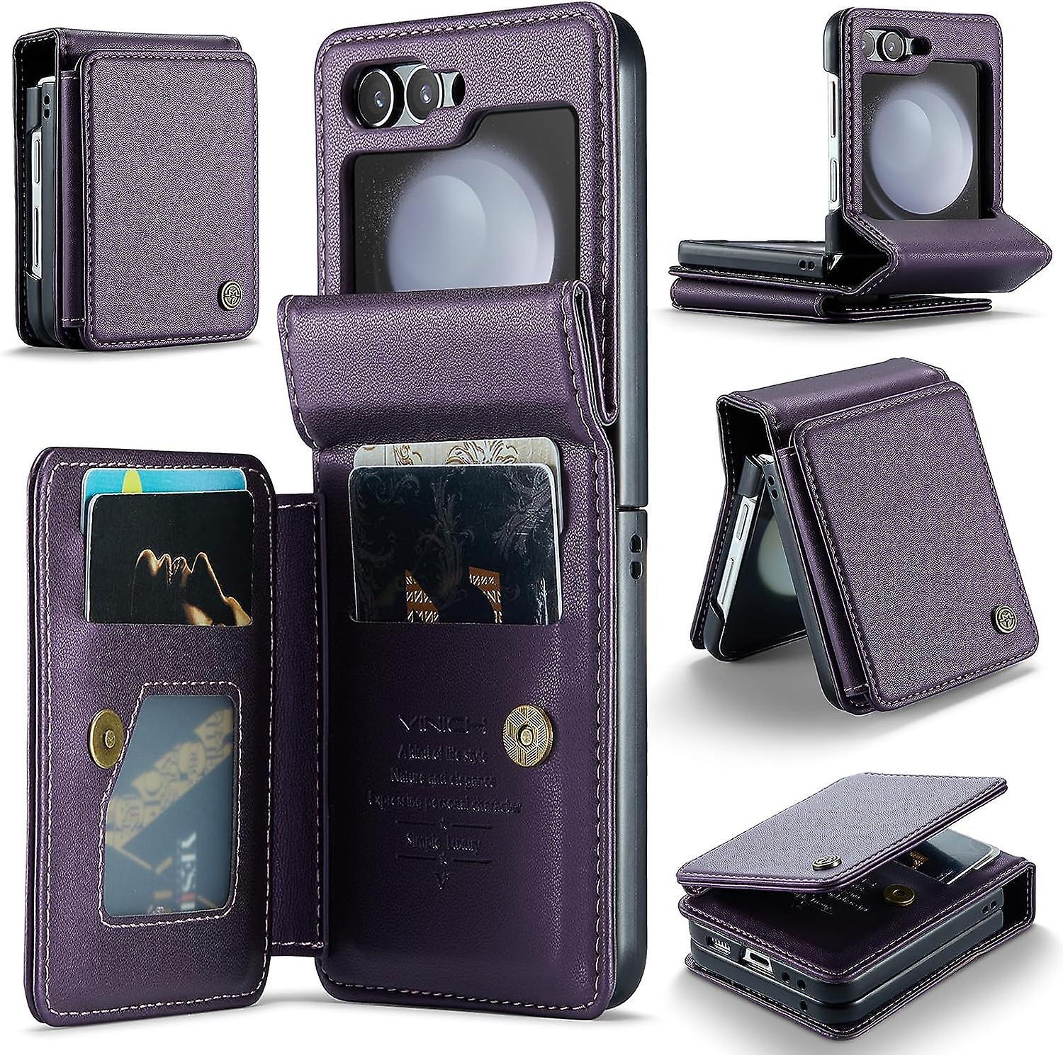 Frusde Z Flip 5 Case With Rfid Blocking, Leather Wallet Case Compatible Samsung Galaxy Z Flip 5 With Card Holder Kickstand Durable Purple