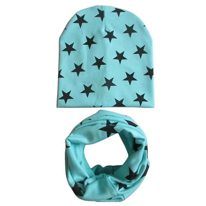 Slowmoose Winter Spring Baby Hat Scarf Set- Cotton Baby Cap Star Print Kids Hats, Newborn star light blue