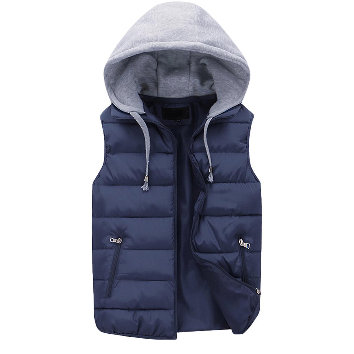 Sliktaa Mens Hooded Sleeveless Jacket Padded Puffer Vest Dark Blue XL