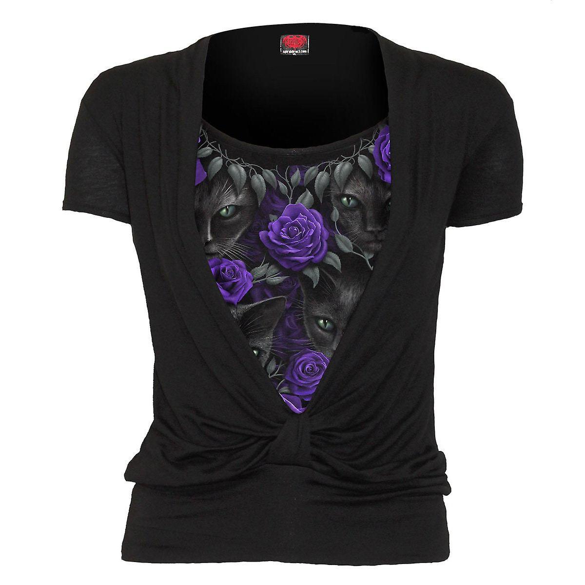 Spiral Direct Gothic THE WATCHERS - Allover 2in1 Gathered Knot Short Sleeve |AlloverPrint|Cat|Roses Black Small