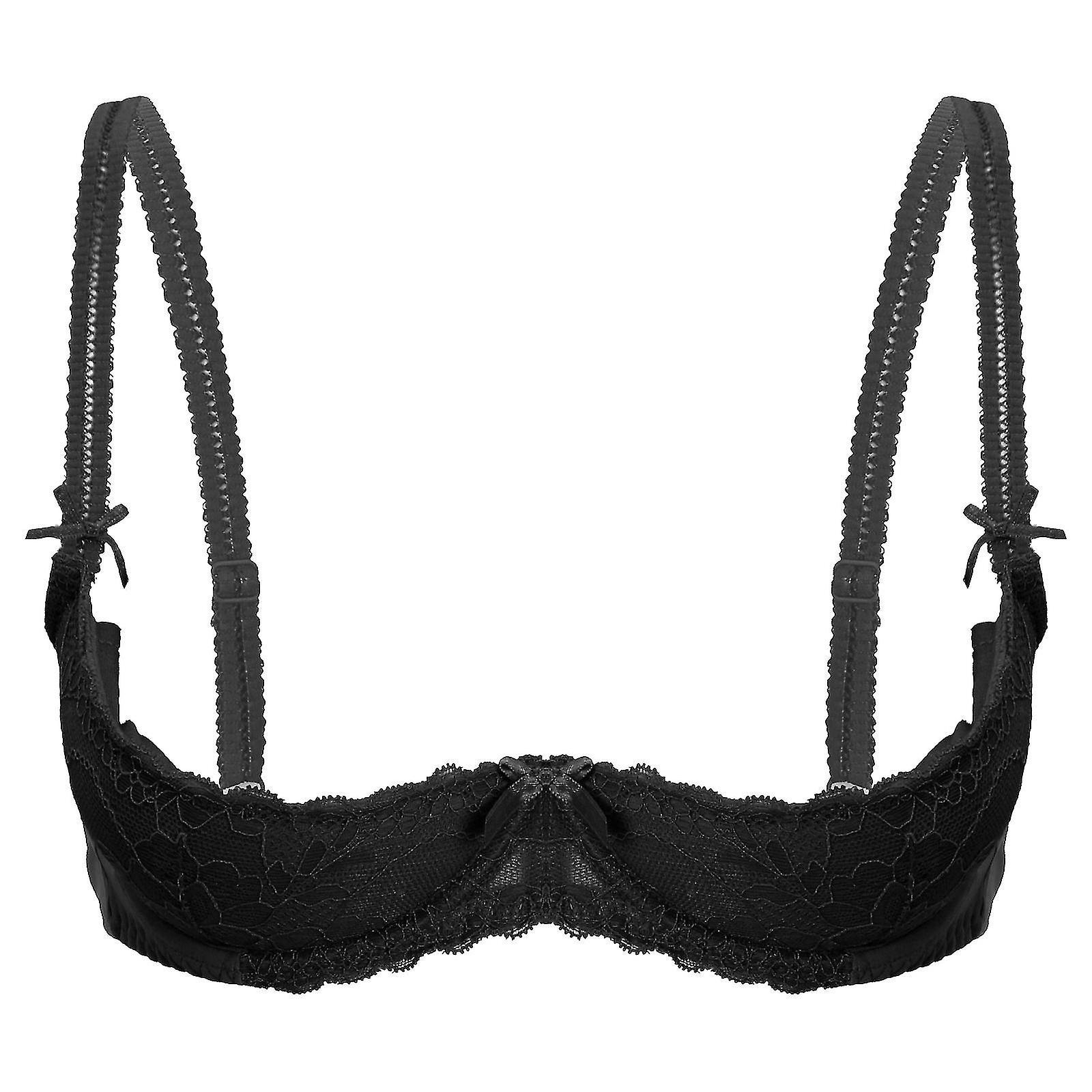 Womens Lingerie Open Chest Bras 1/2 Cup Push Up Underwire Lace Bra Adjustable Strap Sponge Padded Brassiere Underwear Banmo Black A