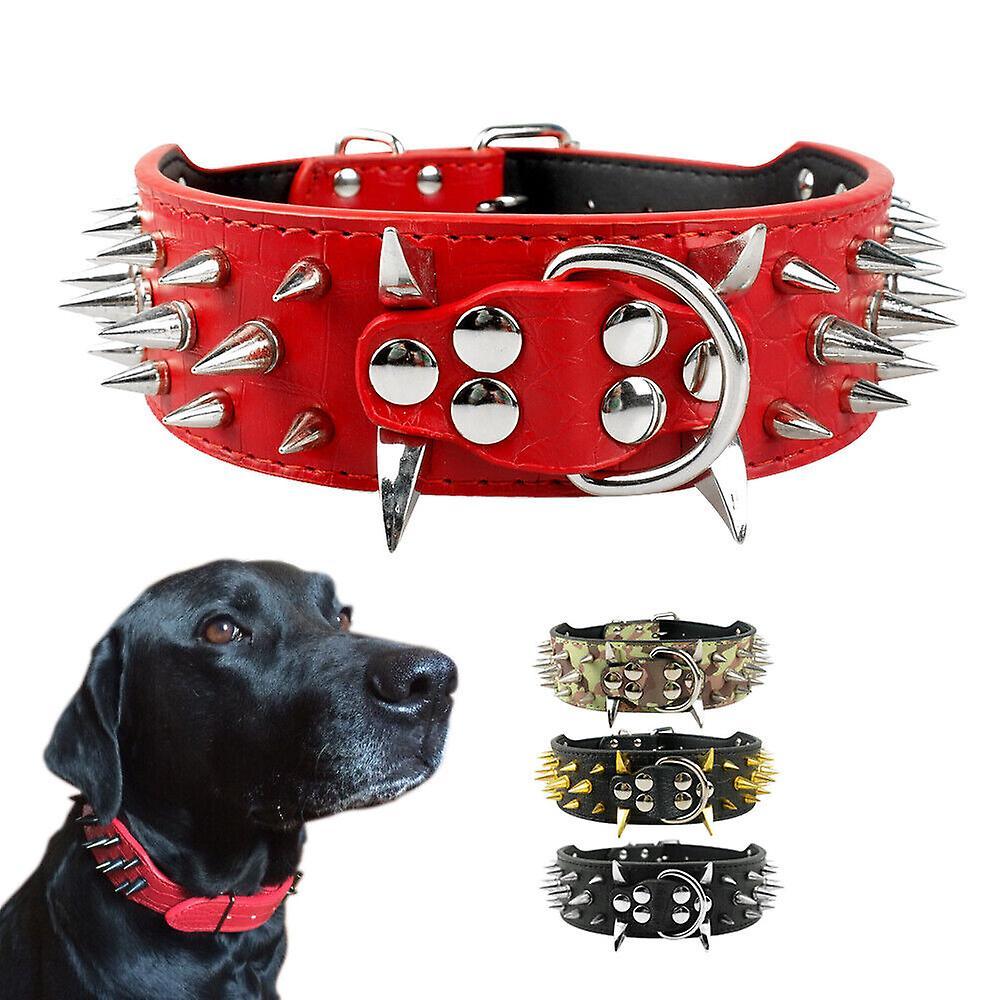 Didog 5cm Wide Cool Sharp Spiked Studded Leather Dog Collars for Pitbull Mastiff Red L:Neck for 19-22"