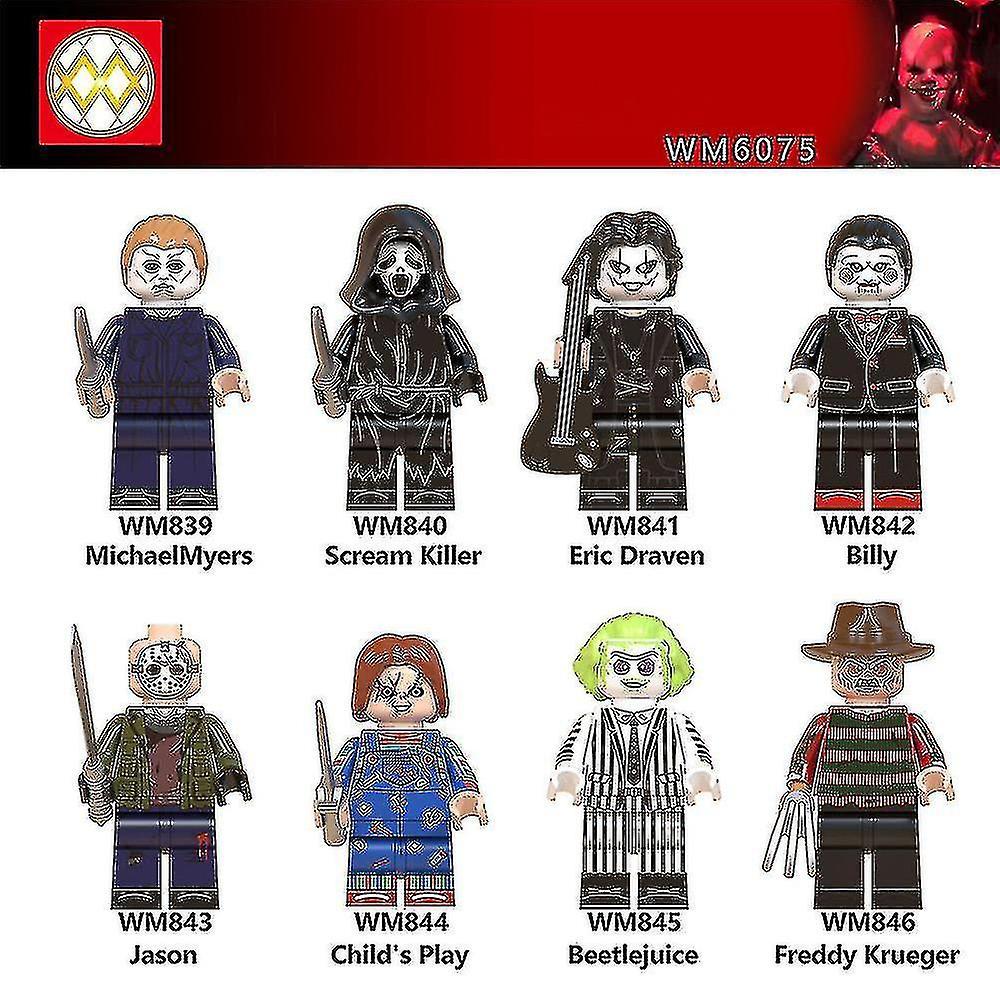 Mingerda 8pcs/set Hot Horror Movie Characters Mini Figures Billy Freddy Jason Building Blocks Minifigures Toys Kids Halloween Creative Gifts Presents