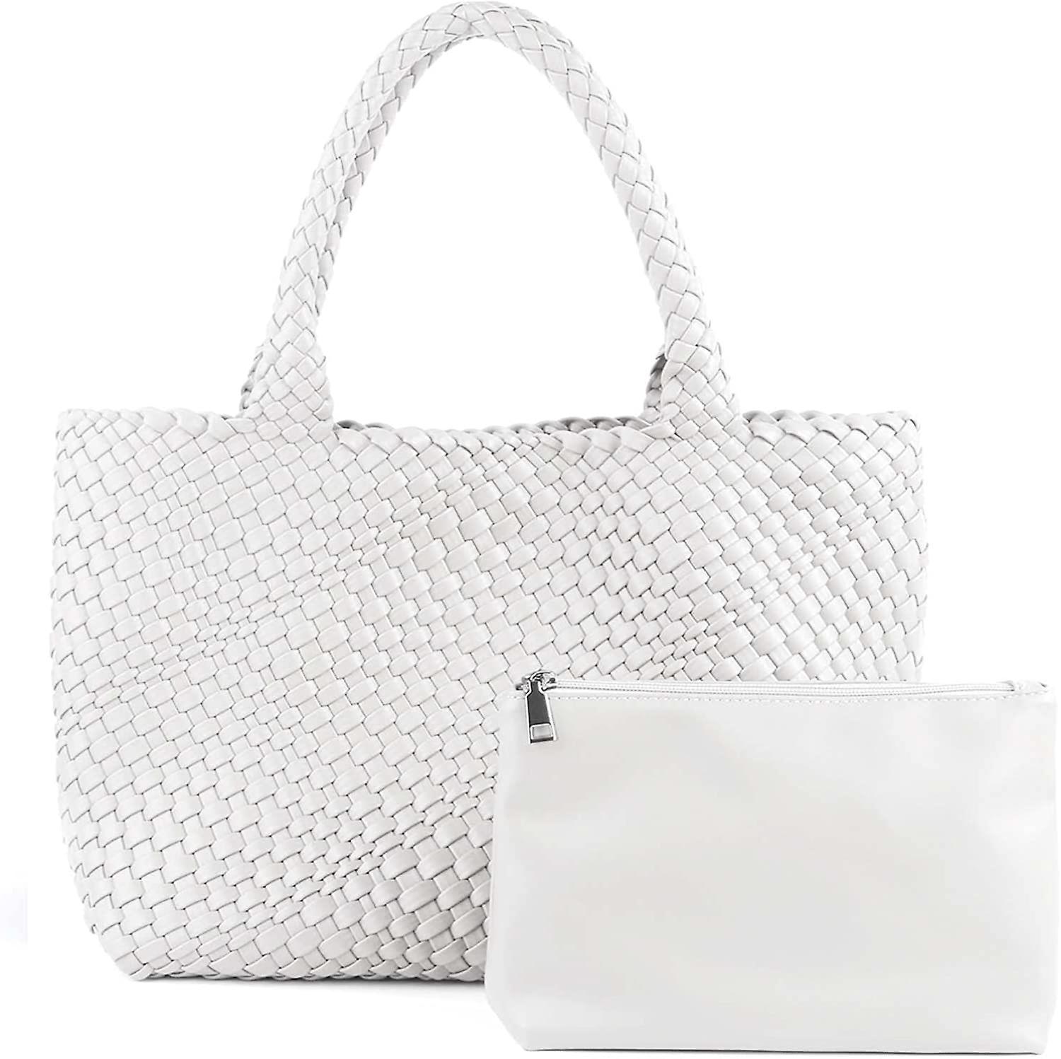 Maromalife Woven Tote Bag For Women, Large Vegan Leather Beach Bag With Purse, Top-handle Travel Handbag Woven Shoulder Bags White