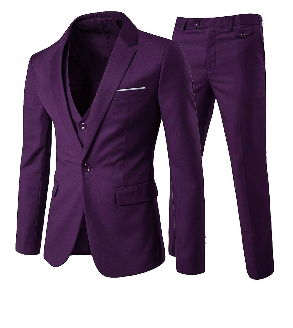 Allthemen Mens Suit 3-Piece Business Party Wedding Solid Color Notched Lapel Slim One-button Suit (Blazer + Vest + Pants) Purple XL